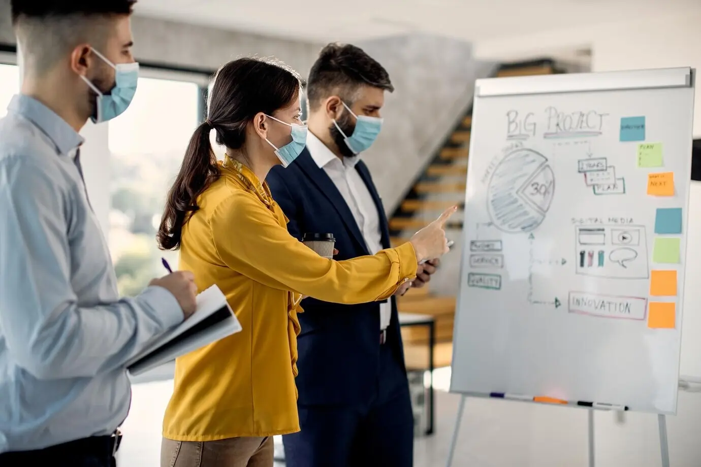 Команда предпринимателей обсуждает новую бизнес-стратегию на белой доске из-за пандемии COVID-19.